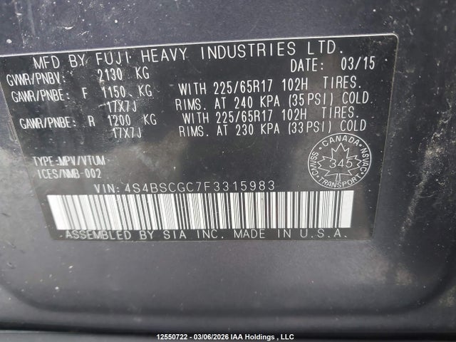 2015 Subaru Outback 2.5i Premium მანქანა იყიდება აუქციონზე, vin: 4S4BSCGC7F3315983, აუქციონის ნომერი: 12550722