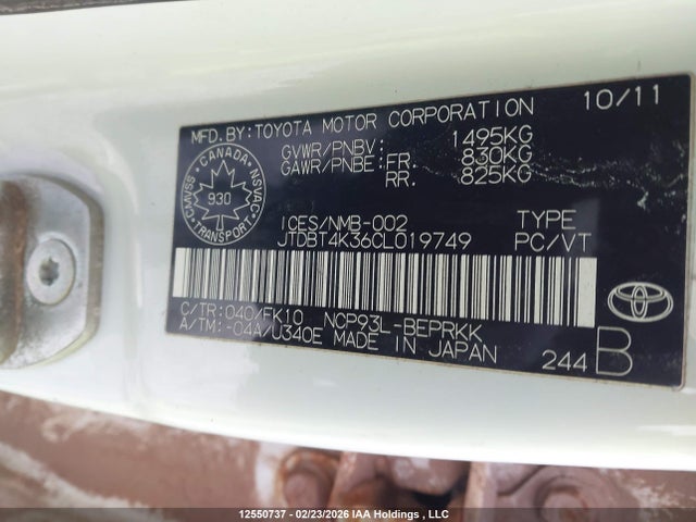 12550737 :رقم المزاد ، JTDBT4K36CL019749 vin ، 2012 Toyota Yaris مزاد بيع