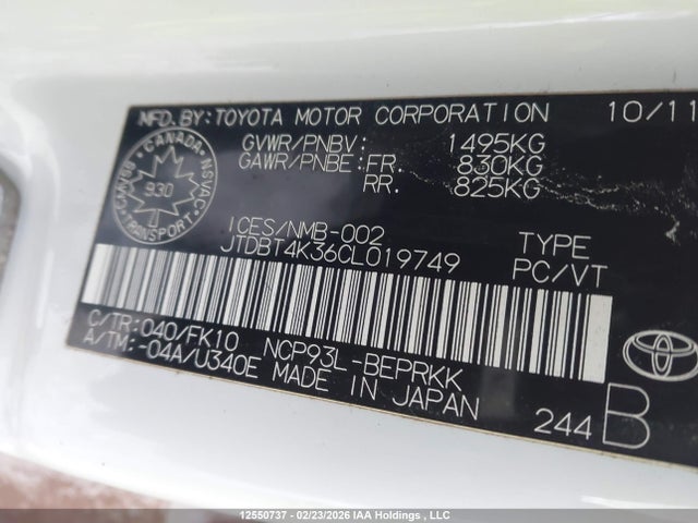 12550737 :رقم المزاد ، JTDBT4K36CL019749 vin ، 2012 Toyota Yaris مزاد بيع