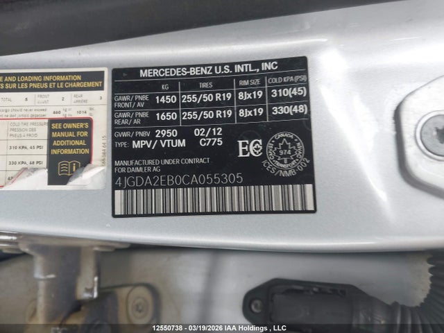 12550738 :رقم المزاد ، 4JGDA2EB0CA055305 vin ، 2012 Mercedes-benz Ml 350 Bluetec 4matic مزاد بيع