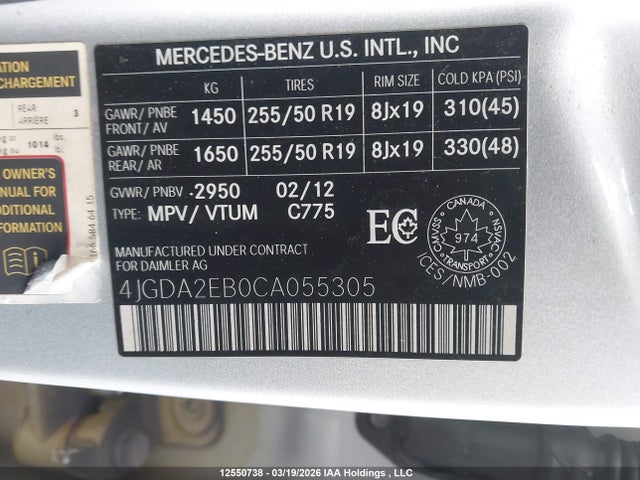 12550738 :رقم المزاد ، 4JGDA2EB0CA055305 vin ، 2012 Mercedes-benz Ml 350 Bluetec 4matic مزاد بيع