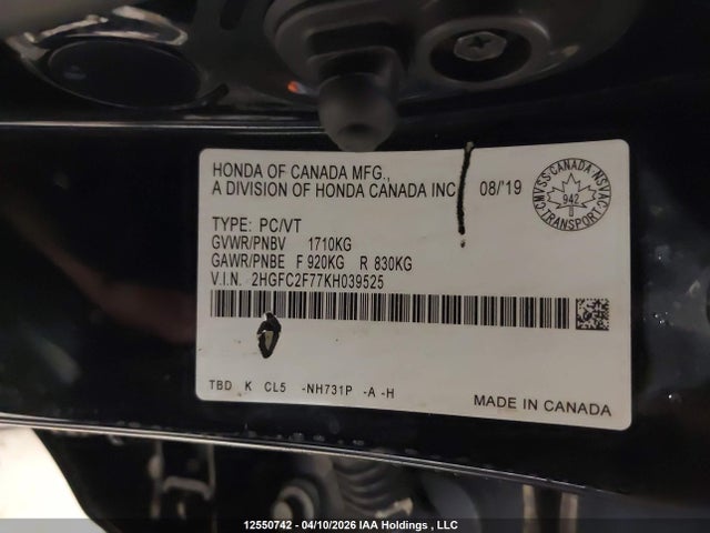 Продажа на аукционе авто 2019 Honda Civic Ex 4dr, vin: 2HGFC2F77KH039525, номер лота: 12550742