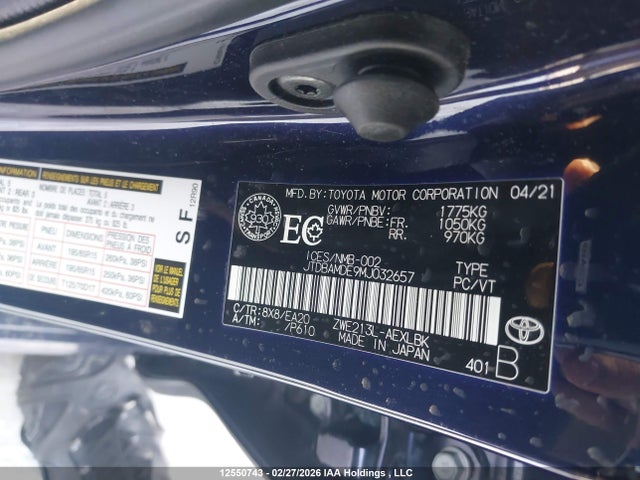 JTDBAMDE9MJ032657 Toyota Corolla Hybrid Base W/li Battery