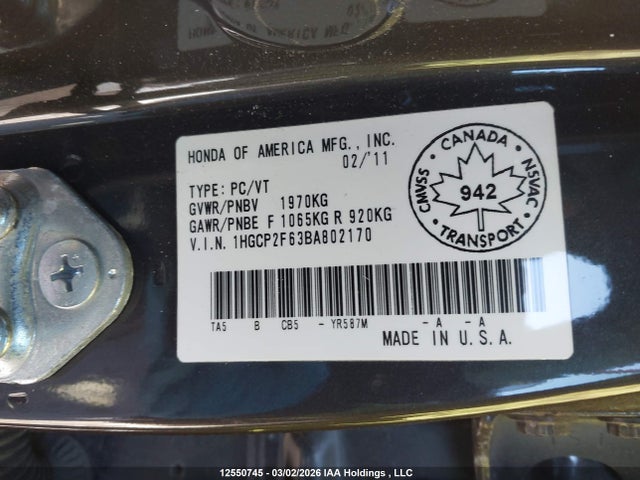2011 Honda Accord Se მანქანა იყიდება აუქციონზე, vin: 1HGCP2F63BA802170, აუქციონის ნომერი: 12550745