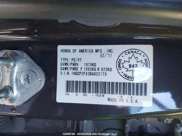 2011 Honda Accord Se მანქანა იყიდება აუქციონზე, vin: 1HGCP2F63BA802170, აუქციონის ნომერი: 12550745