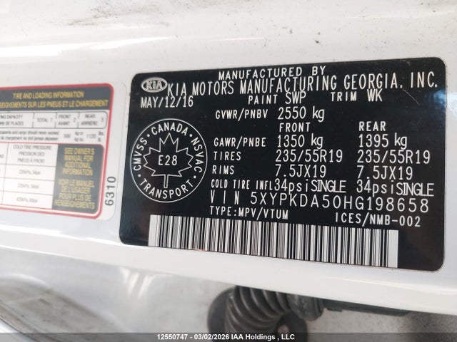 5XYPKDA50HG198658 KIA Sorento 3.3l Sx/3.3l Sx+
