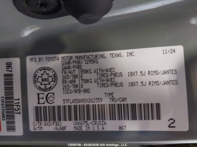 Aukcja sprzedaży 2025 Toyota Tundra Double Cab Sr/double Cab Sr5, vin: 5TFLA5DA9SX262359, numer aukcji: 12550756