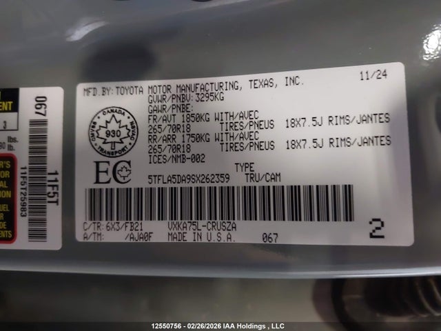 Aukcja sprzedaży 2025 Toyota Tundra Double Cab Sr/double Cab Sr5, vin: 5TFLA5DA9SX262359, numer aukcji: 12550756
