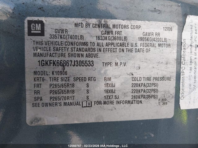 Продаж на аукціоні авто 2007 Gmc Yukon Xl 1500 Denali, vin: 1GKFK66867J305533, номер лоту: 12550757