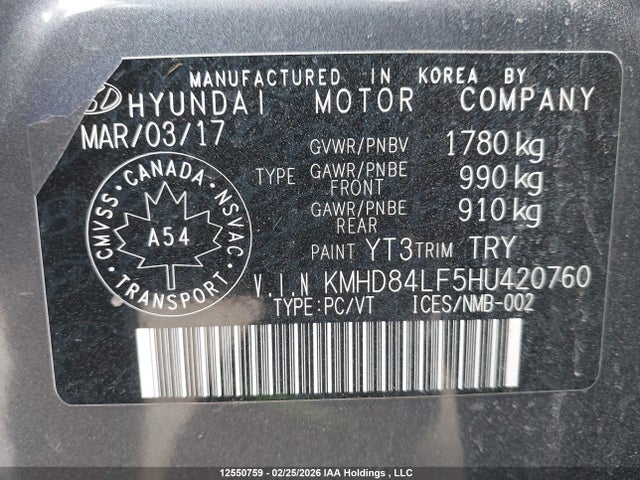 KMHD84LF5HU420760 Hyundai ELANTRA GL