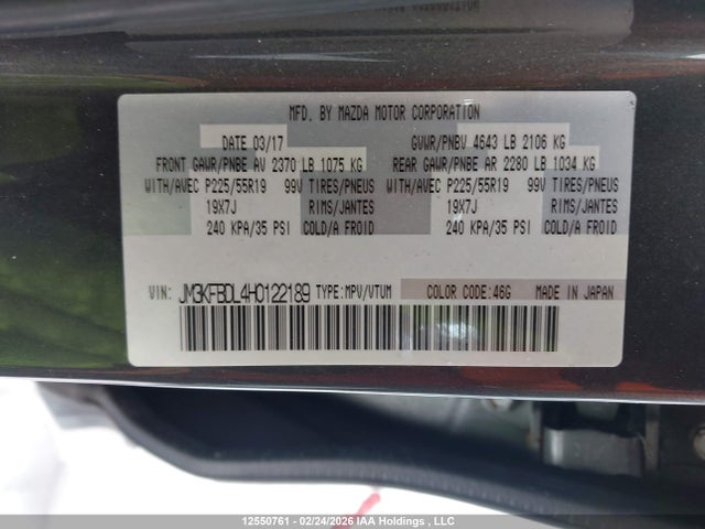 12550761 :رقم المزاد ، JM3KFBDL4H0122189 vin ، 2017 Mazda Cx-5 مزاد بيع