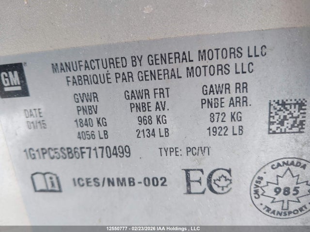 Aukcja sprzedaży 2015 Chevrolet Cruze 1lt, vin: 1G1PC5SB6F7170499, numer aukcji: 12550777