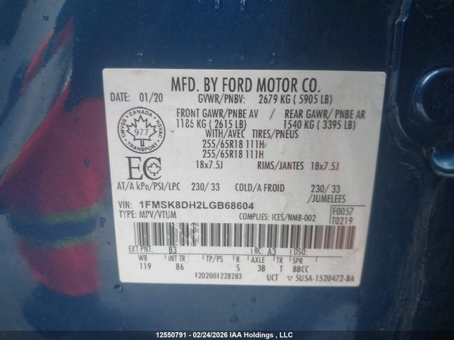 12550791 :رقم المزاد ، 1FMSK8DH2LGB68604 vin ، 2020 Ford Explorer Xlt مزاد بيع