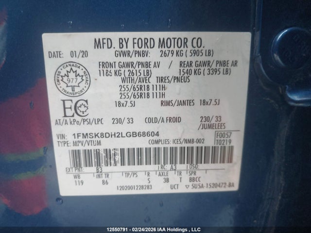 12550791 :رقم المزاد ، 1FMSK8DH2LGB68604 vin ، 2020 Ford Explorer Xlt مزاد بيع