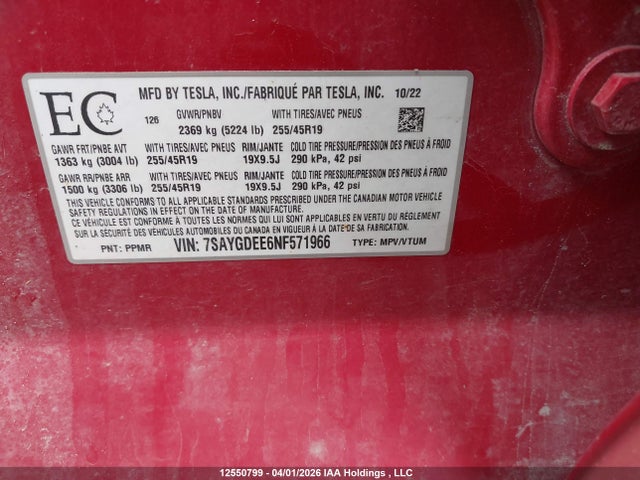 7SAYGDEE6NF571966 Tesla Model Y