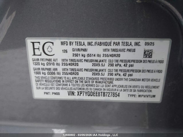 Aukcja sprzedaży 2026 Tesla Model Y, vin: XP7YGDEE8TB727854, numer aukcji: 12550802