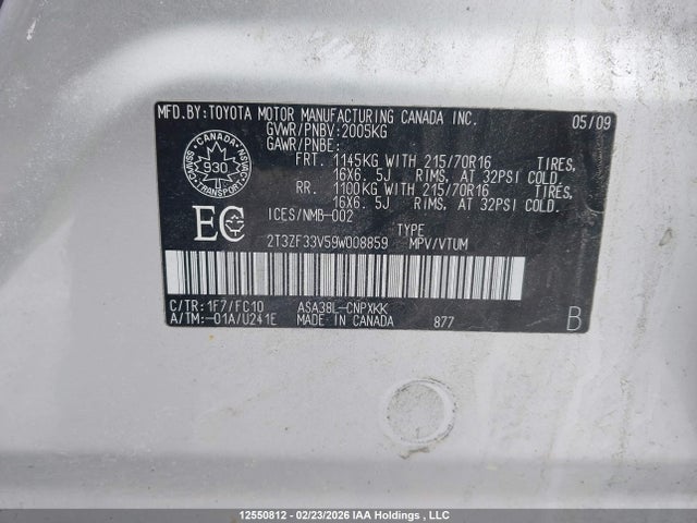 2009 Toyota Rav4 მანქანა იყიდება აუქციონზე, vin: 2T3ZF33V59W008859, აუქციონის ნომერი: 12550812