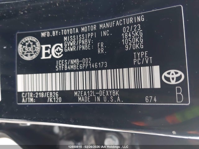 12550815 :رقم المزاد ، 5YFB4MBE6PP146173 vin ، 2023 Toyota Corolla Xse مزاد بيع