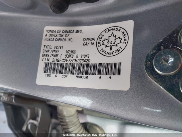 Продажа на аукционе авто 2016 Honda Civic Ex, vin: 2HGFC2F72GH023420, номер лота: 12550818