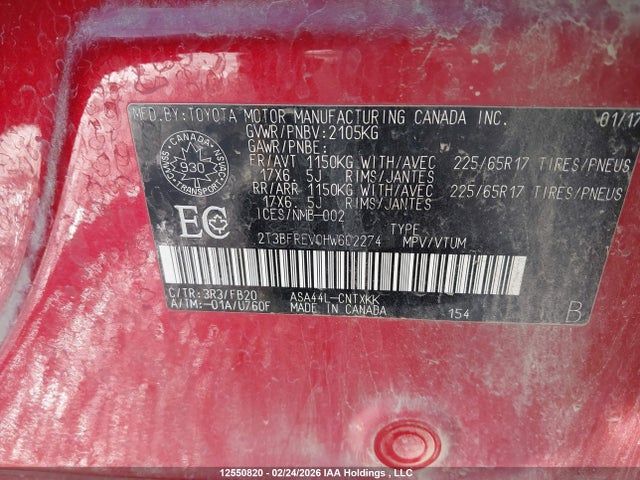 12550820 :رقم المزاد ، 2T3BFREV0HW602274 vin ، 2017 Toyota Rav4 Le مزاد بيع