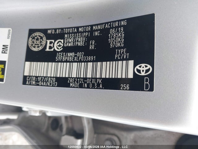 12550832 :رقم المزاد ، 5YFBPRBEXLP033891 vin ، 2020 Toyota Corolla Le مزاد بيع