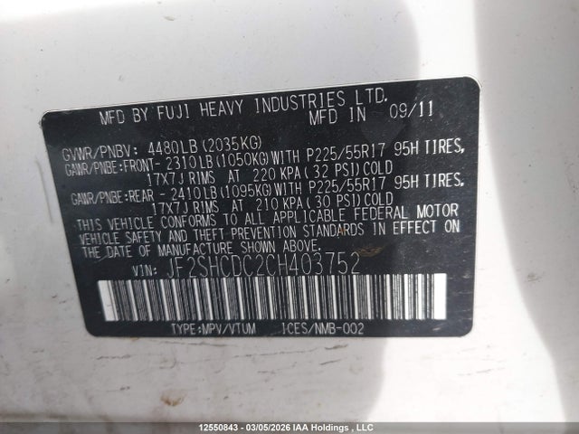 Aukcja sprzedaży 2012 Subaru Forester 2.5x Limited Package, vin: JF2SHCDC2CH403752, numer aukcji: 12550843