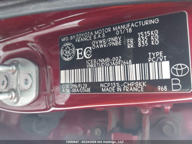 2018 Toyota Yaris მანქანა იყიდება აუქციონზე, vin: VNKKTUD36JA092648, აუქციონის ნომერი: 12550847