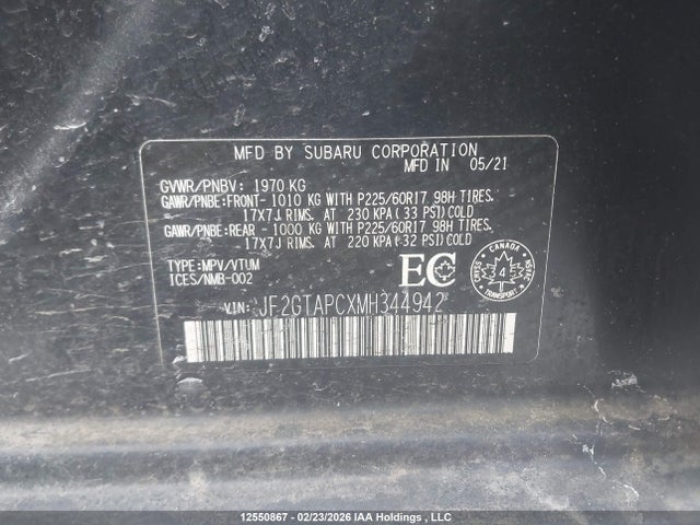 JF2GTAPCXMH344942 Subaru Crosstrek Touring