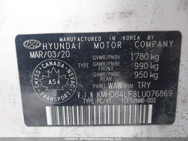 KMHD84LF3LU076869 Hyundai Elantra Preferred With Sun And Safety Package Auto Ivt