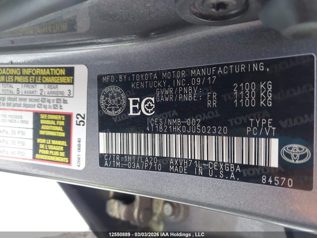 4T1B21HK0JU502320 Toyota Camry Hybrid Le/se/xle