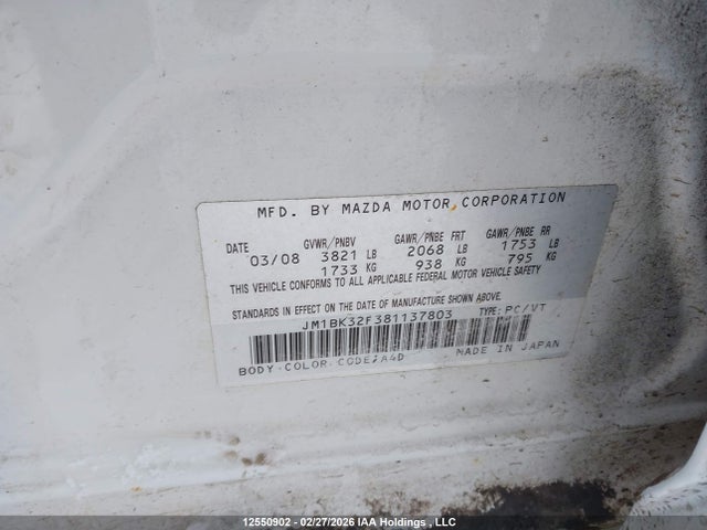 Продажа на аукционе авто 2008 Mazda Mazda3, vin: JM1BK32F381137803, номер лота: 12550902