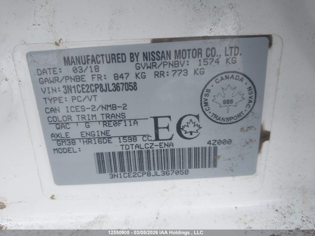 3N1CE2CP8JL367058 Nissan Versa Note S/sr/sv