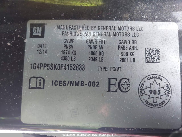 2015 Buick Verano მანქანა იყიდება აუქციონზე, vin: 1G4PP5SK0F4152833, აუქციონის ნომერი: 12550909