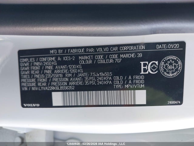 LYVA22RK6LB556352 Volvo Xc60 T6 Momentum