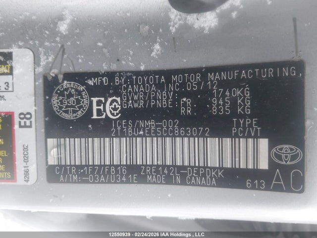 12550939 :رقم المزاد ، 2T1BU4EE5CC863072 vin ، 2012 Toyota Corolla S/le مزاد بيع