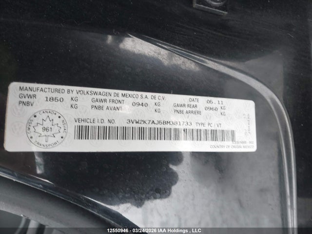 Aukcja sprzedaży 2011 Volkswagen Jetta 2.0l Trendline/2.0l Trendline+, vin: 3VW2K7AJ5BM381733, numer aukcji: 12550946