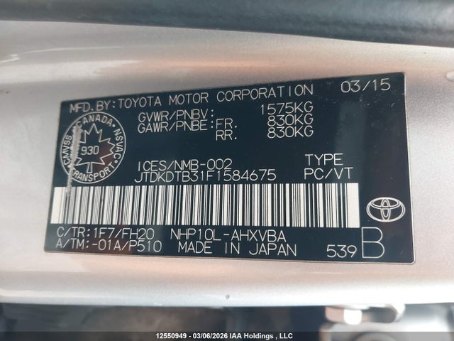 2015 Toyota Prius C Technology მანქანა იყიდება აუქციონზე, vin: JTDKDTB31F1584675, აუქციონის ნომერი: 12550949