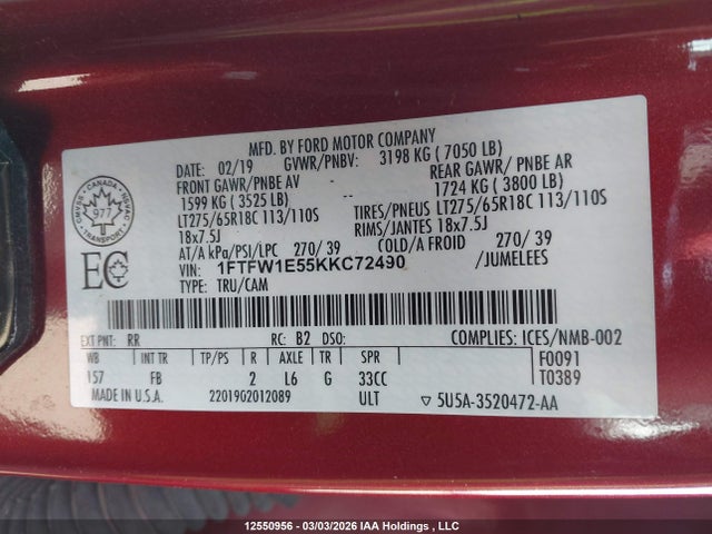 Aukcja sprzedaży 2019 Ford F-150, vin: 1FTFW1E55KKC72490, numer aukcji: 12550956