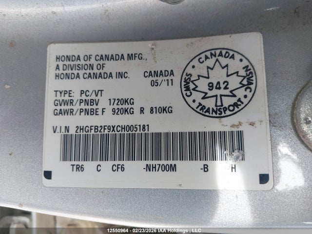 Продаж на аукціоні авто 2012 Honda Civic Exl, vin: 2HGFB2F9XCH005181, номер лоту: 12550964