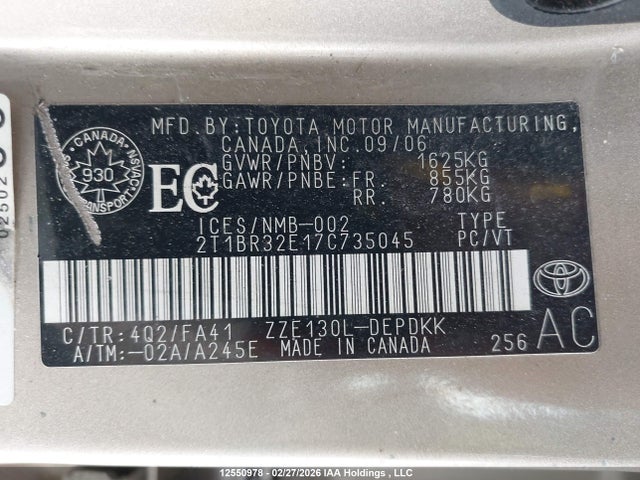 12550978 :رقم المزاد ، 2T1BR32E17C735045 vin ، 2007 Toyota Corolla مزاد بيع