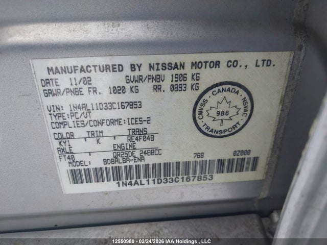 Aukcja sprzedaży 2003 Nissan Altima S/sl, vin: 1N4AL11D33C167853, numer aukcji: 12550980
