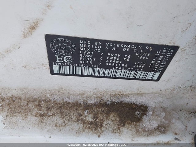 3VWG17AU1JM291383 Volkswagen GOLF S/SE