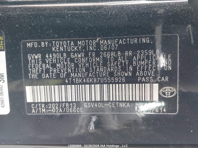 2007 Toyota Camry Le V6 მანქანა იყიდება აუქციონზე, vin: 4T1BK46K87U555926, აუქციონის ნომერი: 12550988
