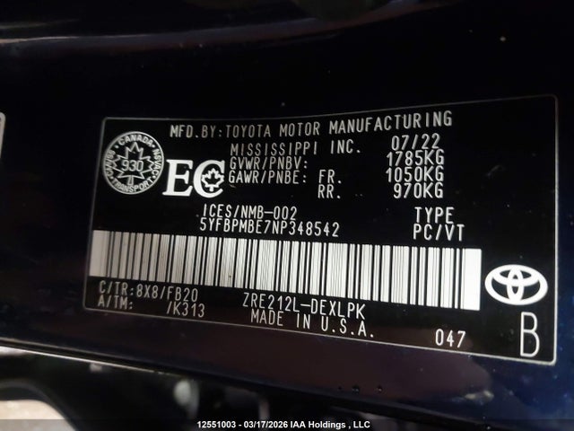 Aukcja sprzedaży 2022 Toyota Corolla Le/xle, vin: 5YFBPMBE7NP348542, numer aukcji: 12551003