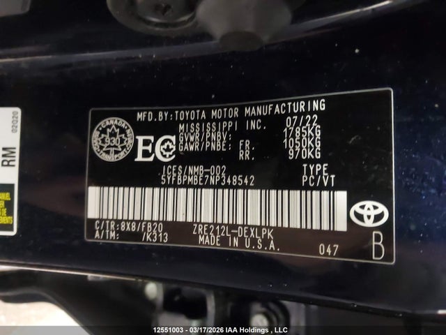 Aukcja sprzedaży 2022 Toyota Corolla Le/xle, vin: 5YFBPMBE7NP348542, numer aukcji: 12551003