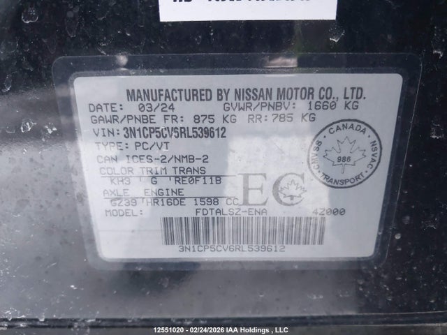 2024 Nissan Kicks Sv მანქანა იყიდება აუქციონზე, vin: 3N1CP5CV6RL539612, აუქციონის ნომერი: 12551020