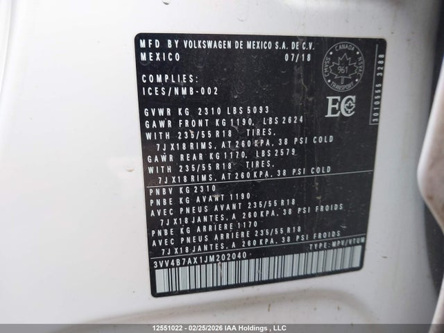 12551022 :رقم المزاد ، 3VV4B7AX1JM202040 vin ، 2018 Volkswagen Tiguan Sel Premium مزاد بيع