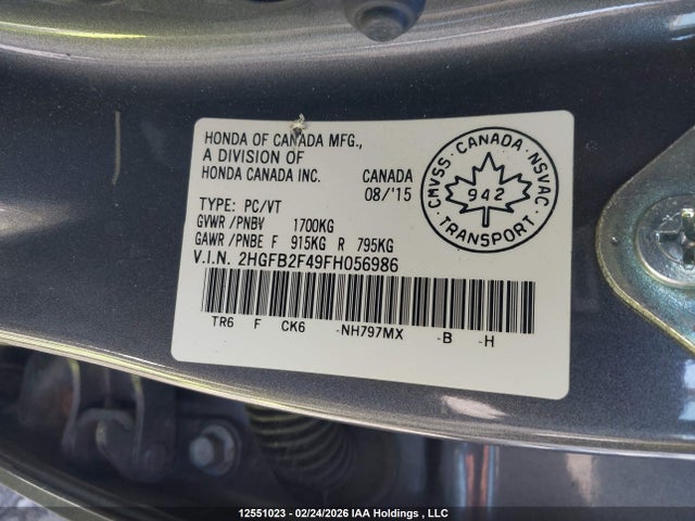 Honda Civic Lx 2015 2HGFB2F49FH056986 Image 9