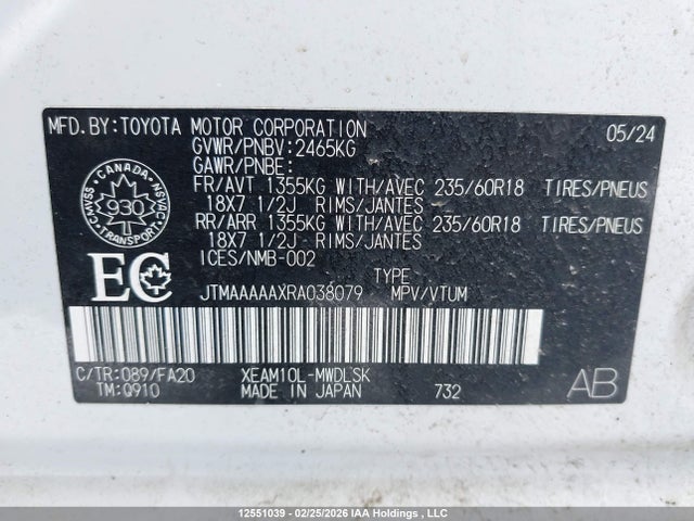 12551039 :رقم المزاد ، JTMAAAAAXRA038079 vin ، 2024 Toyota Bz4x Le مزاد بيع
