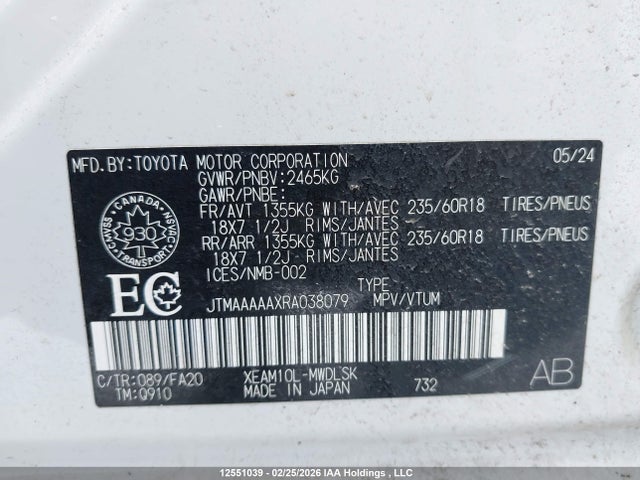 12551039 :رقم المزاد ، JTMAAAAAXRA038079 vin ، 2024 Toyota Bz4x Le مزاد بيع